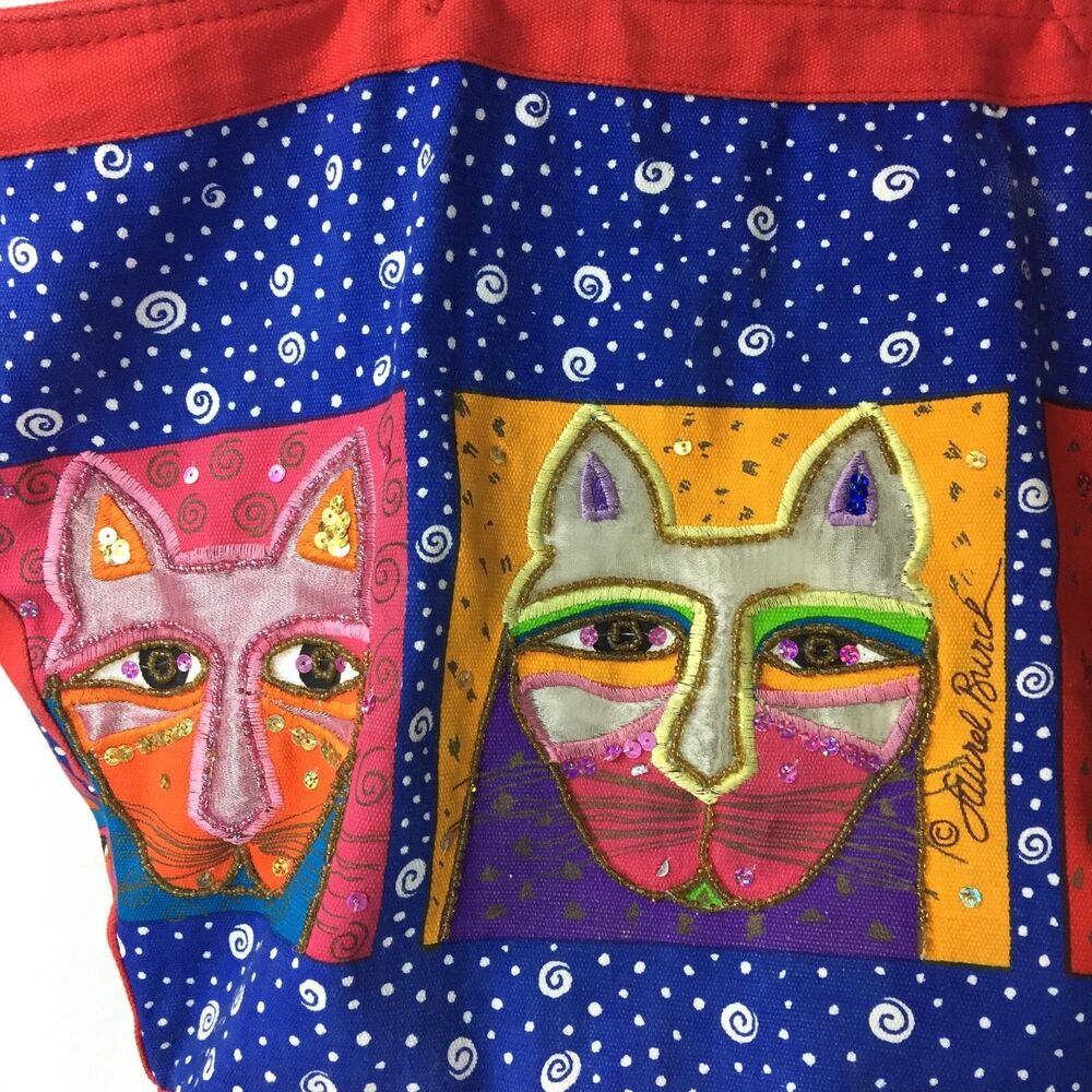 Laurel Burch Multicolored Cat Canvas Tote Bag Beaded Sequin Colorblock Charm - Picture 2 of 10